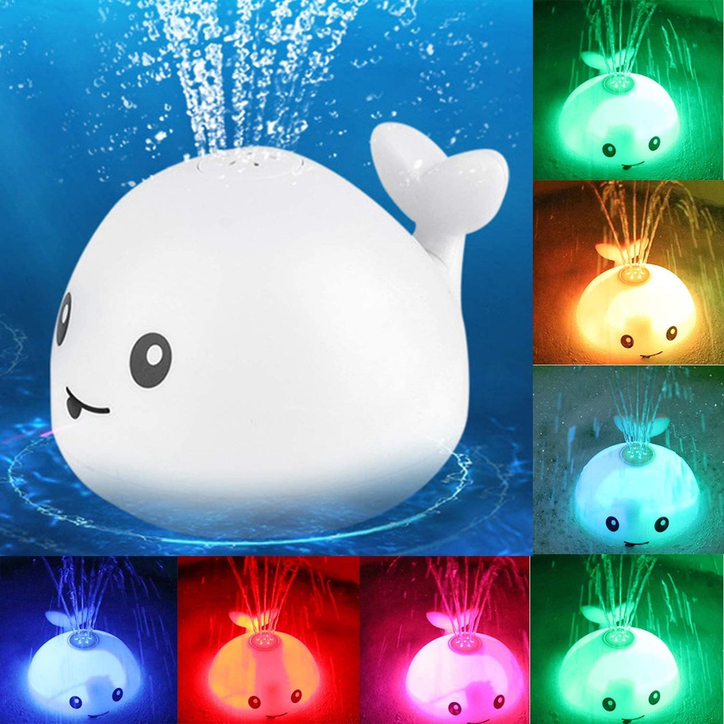 Interactive whale toy that sprays water automatically for bath time fun.